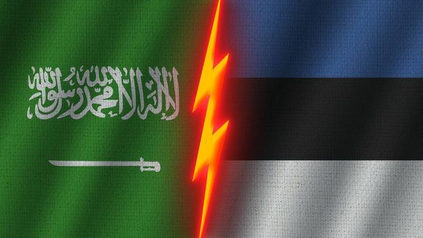 Estonia i Arabia Saudyjska Flagi Razem, Efekt tekstury tkaniny falistej, Neonowy Efekt Błyszczący, Świecąca Ikona Gromu, Koncepcja Kryzysowa, Ilustracja 3D - Zdjęcie, obraz