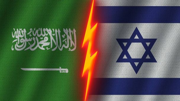 Izrael i Arabia Saudyjska Flagi Razem, Efekt tekstury tkaniny falistej, Efekt Neonowego blasku, Ikona Błyszczącego Gromu, Koncepcja kryzysu, Ilustracja 3D - Zdjęcie, obraz