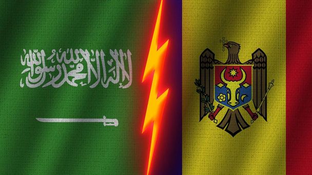 Flagi Mołdawii i Arabii Saudyjskiej razem, Efekt tekstury tkaniny falistej, Neonowy Efekt Błyszczący, Błyszcząca Ikona Gromu, Koncepcja Kryzysowa, Ilustracja 3D - Zdjęcie, obraz