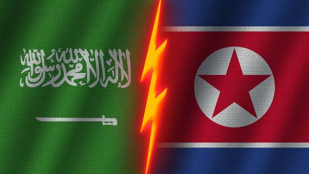 Banderas de Corea del Norte y Arabia Saudita juntas, Efecto de textura de tela ondulada, Efecto de brillo de neón, Icono de trueno brillante, Concepto de crisis, Ilustración 3D - Foto, imagen