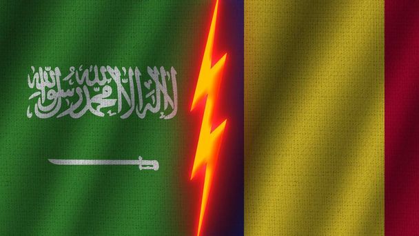 Roemenië en Saoedi-Arabië vlaggen samen, golvend textiel effect, neon gloeiend effect, glanzend donder pictogram, crisisconcept, 3D-illustratie - Foto, afbeelding