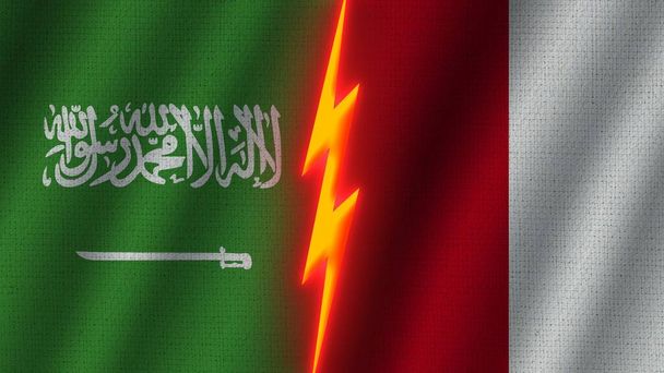 Flagi Peru i Arabii Saudyjskiej Razem, Efekt tekstury tkaniny falistej, Neonowy Efekt Błyszczący, Błyszcząca Ikona Gromu, Koncepcja Kryzysowa, Ilustracja 3D - Zdjęcie, obraz