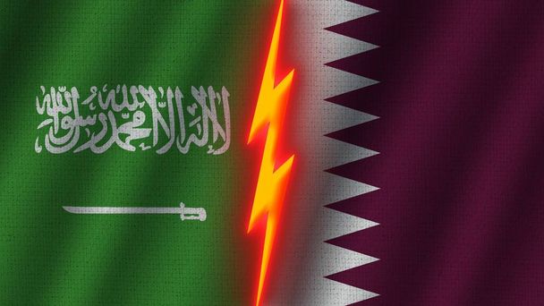 Flagi Kataru i Arabii Saudyjskiej Razem, Efekt tekstury tkaniny falistej, Neonowy Efekt Błyszczący, Ikona Błyszczącego Gromu, Koncepcja Kryzysu, Ilustracja 3D - Zdjęcie, obraz