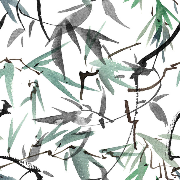 Watercolor and ink illustration of tree foliage - grayscale leaves on white background. Seamless pattern. Oriental traditional painting in style sumi-e or gohua. - Φωτογραφία, εικόνα
