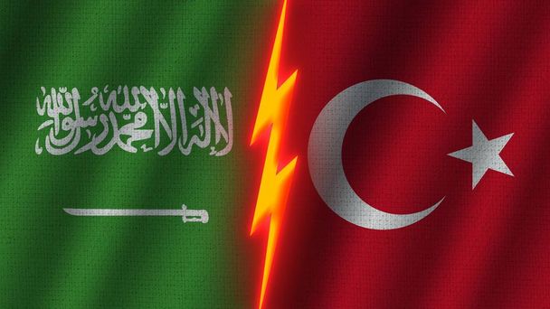 Turcja i Arabia Saudyjska Flagi Razem, Efekt tekstury tkaniny falistej, Neonowy Efekt Błyszczący, Świecąca Ikona Gromu, Koncepcja Kryzysowa, Ilustracja 3D - Zdjęcie, obraz