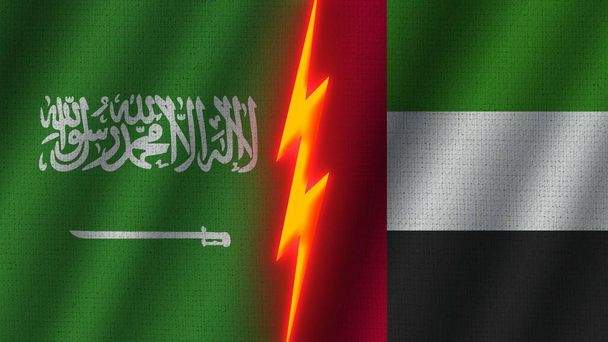 Zjednoczone Emiraty Arabskie i Arabia Saudyjska Flagi razem, Efekt tekstury tkaniny falistej, Neon Glow Effect, Ikona błyszczącego grzmotu, Koncepcja kryzysu, Ilustracja 3D - Zdjęcie, obraz