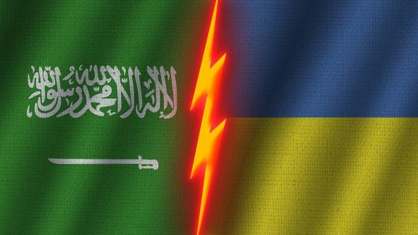 Ukraina i Arabia Saudyjska Flagi Razem, Efekt tekstury tkaniny falistej, Neonowy Efekt Błyszczący, Świecąca Ikona Gromu, Koncepcja Kryzysowa, Ilustracja 3D - Zdjęcie, obraz