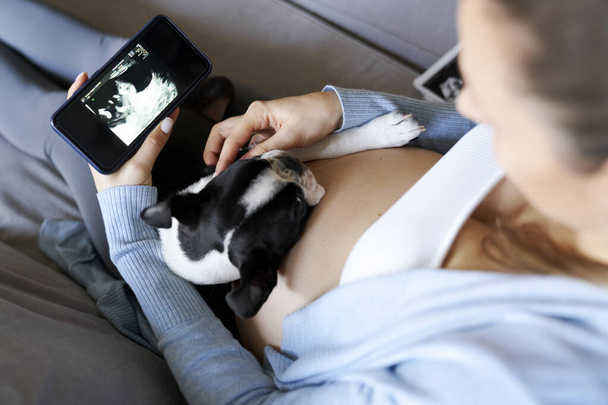 Schwangere schaut auf medizinische Scans am Smartphone  - Foto, Bild