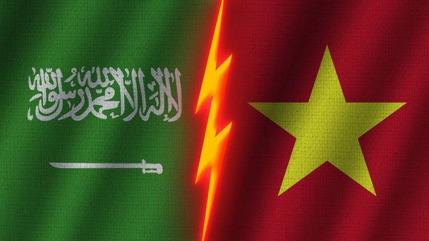 Flagi Wietnamu i Arabii Saudyjskiej Razem, Efekt tekstury tkaniny falistej, Neonowy Efekt Błyszczący, Ikona Błyszczącego Gromu, Koncepcja Kryzysu, Ilustracja 3D - Zdjęcie, obraz