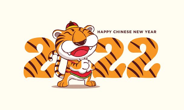 Boldog kínai újévet 2022-ben. Rajzfilm aranyos tigris üdvözlés. 2022 tigris csíkos mintával - Vektor, kép