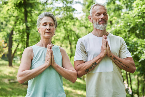 Calm senior couple keeping eyes closed and meditating at the cozy forest or park - Foto, imagen