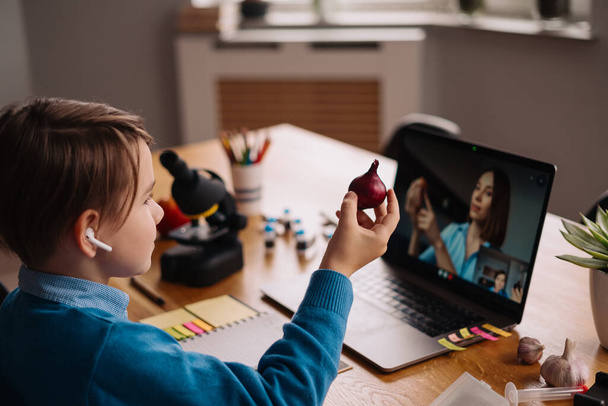 Онлайн обучение с помощью ноутбука, учителя и мальчика - Фото, изображение