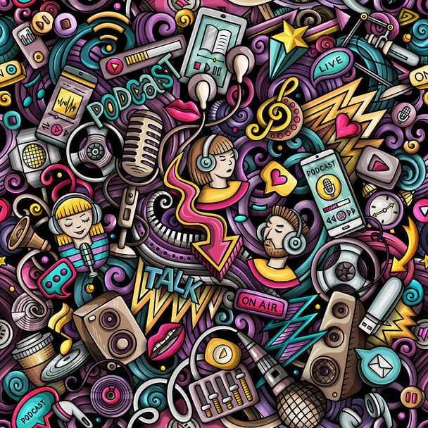 Cartoon doodles Audio content seamless pattern. Backdrop with podcasts and audiobooks symbols and items. Colorful background for print on fabric, textile, phone cases, wrapping paper. - Photo, Image