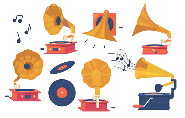 Conjunto de iconos reproductor de gramófono y discos de vinilo aislados sobre fondo blanco, equipo antiguo para escuchar música - Vector, Imagen
