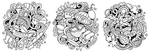 Seszele kreskówkowe rastrowe projekty bazgrołów zestaw. Sketchy szczegółowe kompozycje z dużą ilością egzotycznych obiektów wyspiarskich i symboli. Izolowane na białych ilustracjach - Zdjęcie, obraz