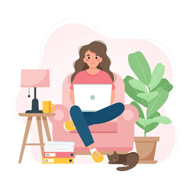 Työ kotoa käsite, nainen tuolilla kannettavan tietokoneen, opiskelija tai freelancer. Söpö vektori kuva tasainen tyyli - Vektori, kuva