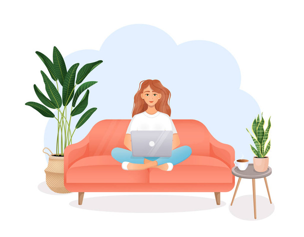 Mujer feliz se sienta con el ordenador portátil en el sofá en el fondo blanco aislado. El concepto de trabajo remoto, oficina en casa, freelancing, programación, formación, estudiante. Ilustración plana vectorial en estilo de dibujos animados - Vector, Imagen