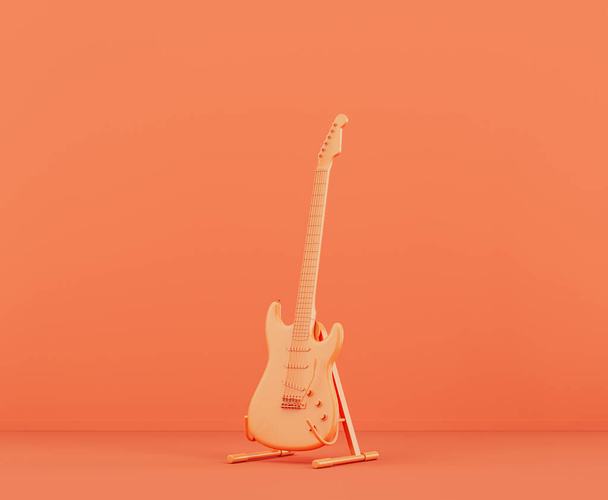 Monochrome orange color single electro guitar in a pink studio, nobody, 3d rendering - Photo, Image