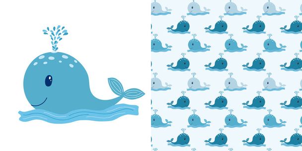 Cute whale with Childish seamless pattern with this whale. In blue colors. Perfect for kids apparel,fabric, textile, nursery decoration,wrapping paper. vector - Vector, Image