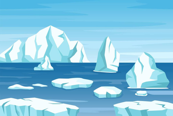 氷山、氷河や氷の岩と北極の極地の風景。海に漂う氷山の融解。南極山の風景ベクトル図 - ベクター画像