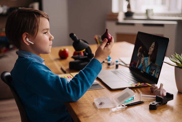 Online leren met laptop, leraar en jongen - Foto, afbeelding