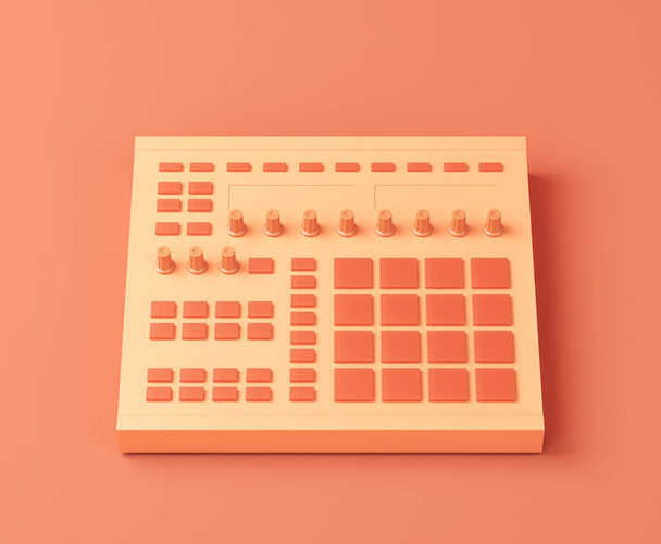 Contrôleur de tampon MIDI USB couleur orange monochrome, tampon à tambour et effet dans un studio rose, personne, rendu 3d - Photo, image