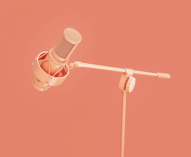 Micrófono de pedestal profesional de color naranja monocromo en un estudio rosa, nadie, representación 3D - Foto, Imagen