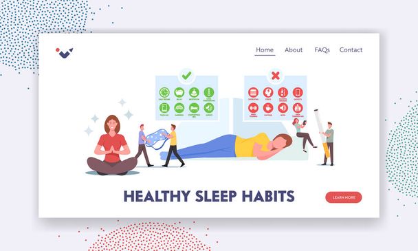 Hábitos saludables de sueño Plantilla de landing page. Personajes con consejos para dormir bien o mal. Mujer relajada en el dormitorio - Vector, imagen