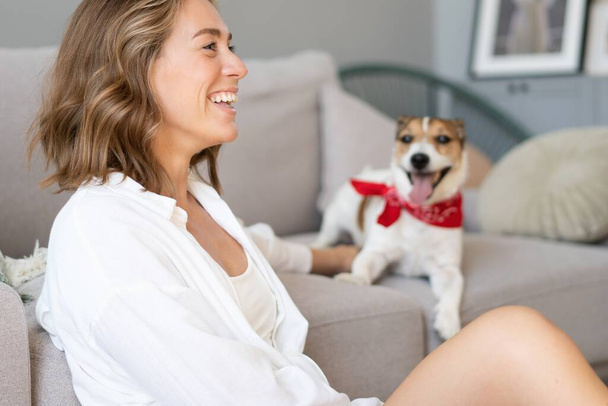Young woman and her dog on sofa at home. Adorable pet. - Photo, Image