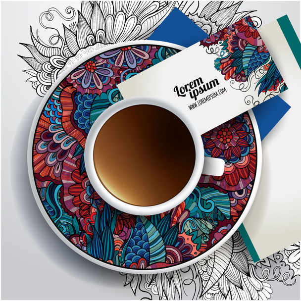 Cup of coffee, business cards - Vector, Image