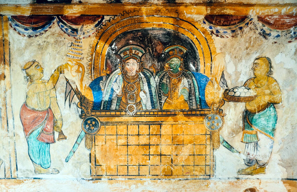 Fresque / peintures murales dans l'ancien temple Brihadeeswarar à Thanjavur, Tamilnadu. Peintures uniques sur le complexe du temple historique de Thanjavur. - Photo, image