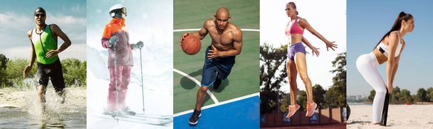 Collage about fit men and women at fitness training outdoors. Sport, training, athlete, workout, exercises concept - Foto, Bild