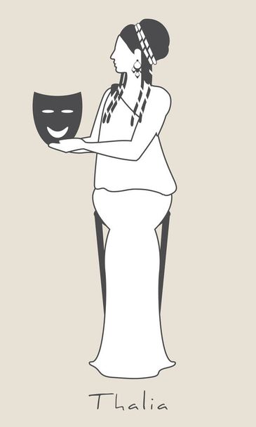 Chica vestida al estilo griego antiguo, sosteniendo una máscara teatral de comedia. Mitología griega. Musa Thalia. Aislado sobre fondo blanco. - Vector, Imagen