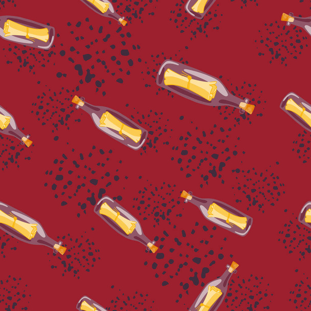 Seamless pattern with random purple and yellow colored bottle with message print. Maroon background with splashes. Designed for fabric design, textile print, wrapping, cover. Vector illustration. - Vector, imagen