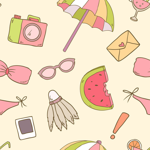 Vector summer seamless pattern with watermelon, umbrella, sunglasses,camera, swimsuit - Vetor, Imagem