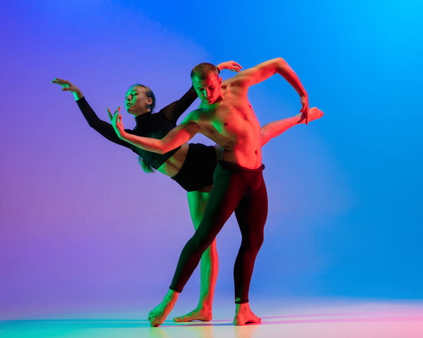 Stylish sportive caucasian couple, male and female dancer dancing contemporary dance on colorful gradient blue pink background in neon light. - Fotografie, Obrázek