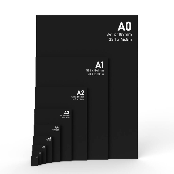 国際A0からA8までの一連の用紙サイズのフォーマットで、黒のテクスチャ紙に白のテキストが印刷され、白の背景に隔離されています。3Dイラスト - 写真・画像