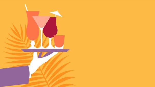 Concept de cocktails d'été. Serveurs main tient plateau avec différents types de cocktails tropicaux. Feuille de palmier sur le fond. Illustration vectorielle.  - Vecteur, image