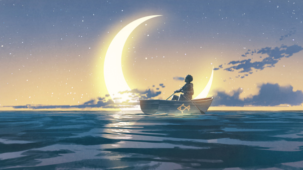 młody człowiek wiosłowanie łódź w morzu patrząc na półksiężyc, cyfrowy styl sztuki, obraz ilustracji - Zdjęcie, obraz