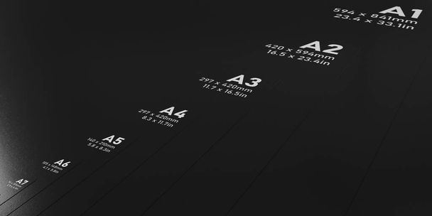International A sorozat papír méret formátumok A1-től A7 háttér kép fehér betűkkel és fekete texturált 3D modellezett papír háttér banner. - Fotó, kép
