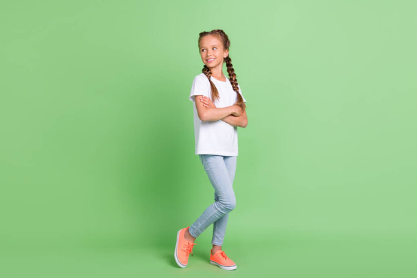 Full length body size photo little girl smiling with crossed hands looking blank space isolated pastel green color background - Foto, afbeelding