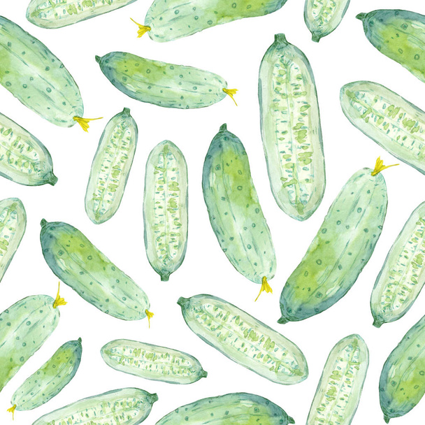 Endless pattern of watercolor sketch with fresh cucumber. Hand-drawn organic vegetables background - Φωτογραφία, εικόνα