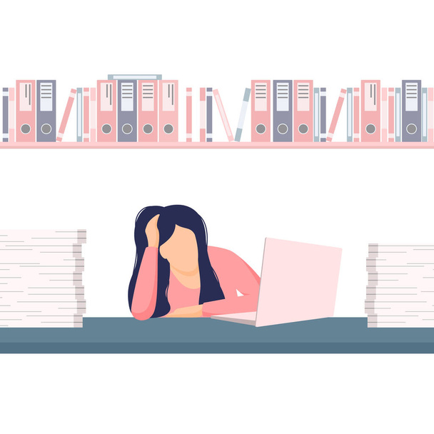 Tired and overworked woman at an office table among a pile of papers and documents. Vector illustration. - ベクター画像