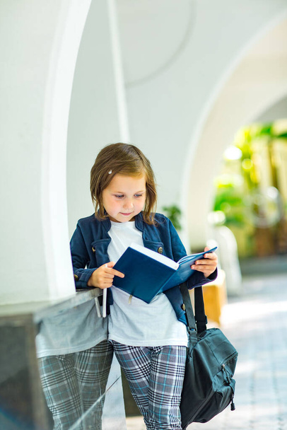 a beautiful little girl, a schoolgirl, in the afternoon near the school, in a stylish school uniform - Foto, Imagen