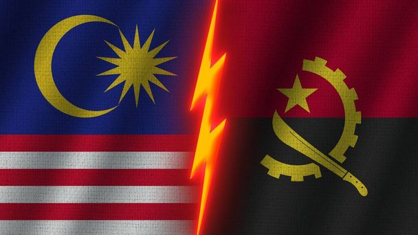Angola y Malasia Banderas juntas, Efecto de textura de tela ondulada, Efecto de brillo de neón, Icono de trueno brillante, Concepto de crisis, Ilustración 3D - Foto, imagen