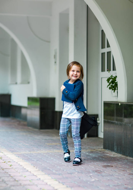 a beautiful little girl, a schoolgirl, in the afternoon near the school, in a stylish school uniform - Fotoğraf, Görsel