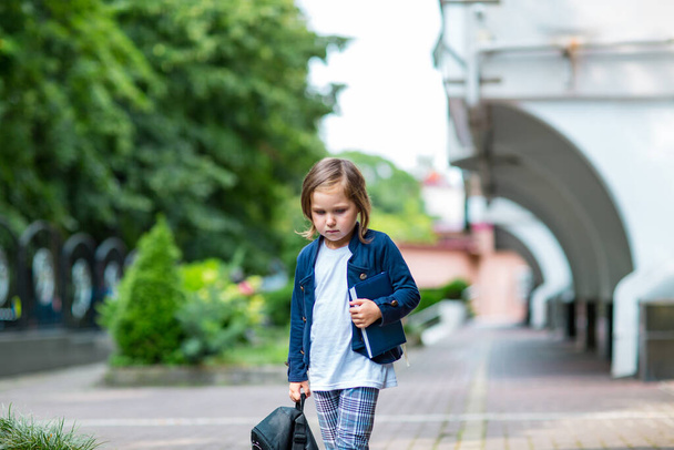a beautiful little girl, a schoolgirl, in the afternoon near the school, in a stylish school uniform - Photo, Image