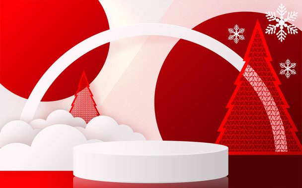 Karácsonyi és újévi dobogós háttér vektor design 3D-s termékek vagy show kozmetikai termék kijelző. színpadi talapzat vagy platform. tél karácsony piros háttér. - Vektor, kép