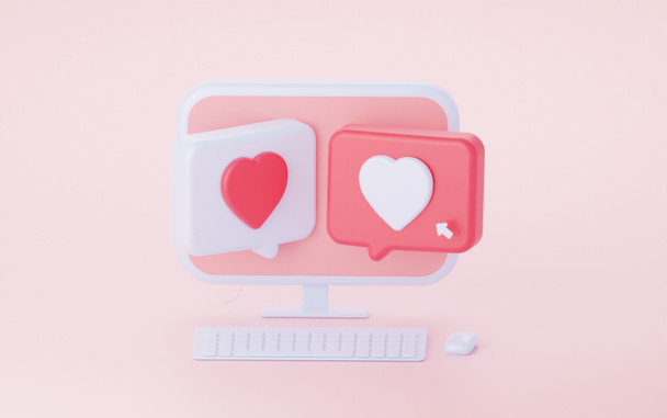 Ein Computer mit zwei Sprechblasen-Herzen. Briefwechsel in sozialen Netzwerken. 3D-Darstellung. - Foto, Bild