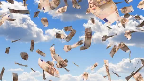 50ユーロ紙幣の下落-雨の影響、背景に空。財政的な成功、宝くじに勝つ、金持ちになる、宝などのトピックに最適- 3D 4kアニメーション(3840x2160 px). - 映像、動画
